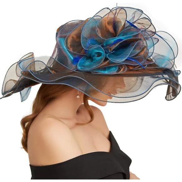 Women Sun Hat Church Wide Brim Brown Blue - Picture 2 of 7